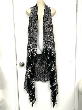Batik Boho Fringe Longline Vest Duster Black White One Size Festival Bohemian